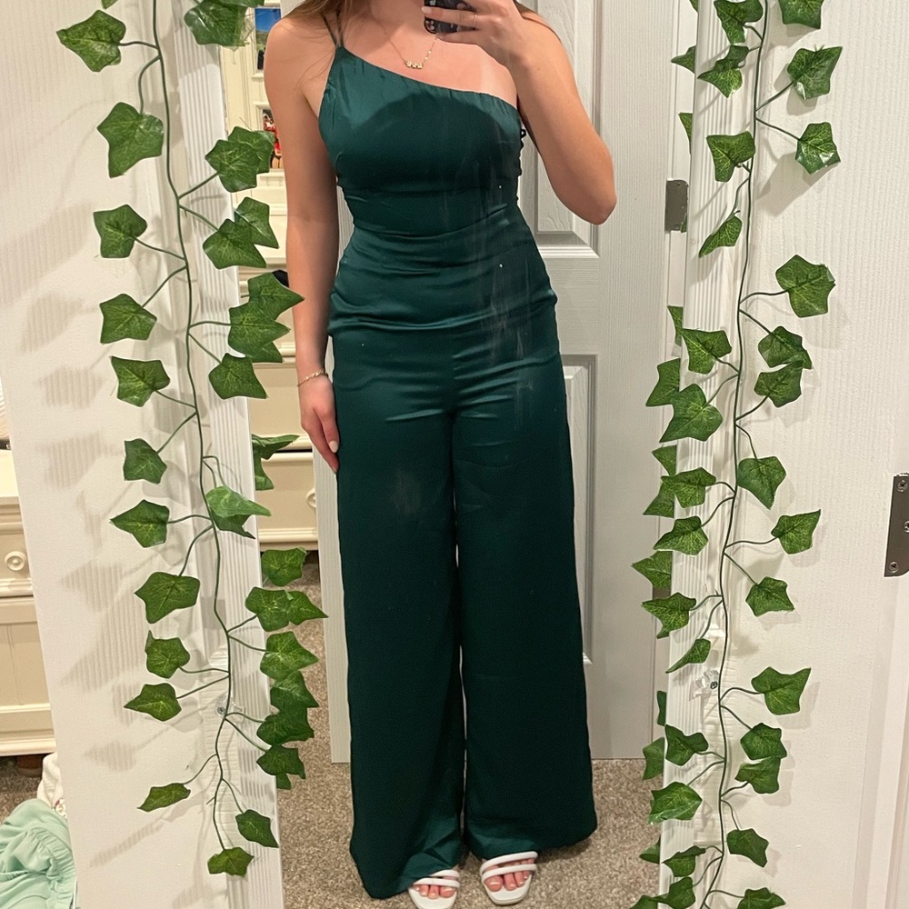 NWT Hello Molly Satin Green One-Shoulder Jumpsuit